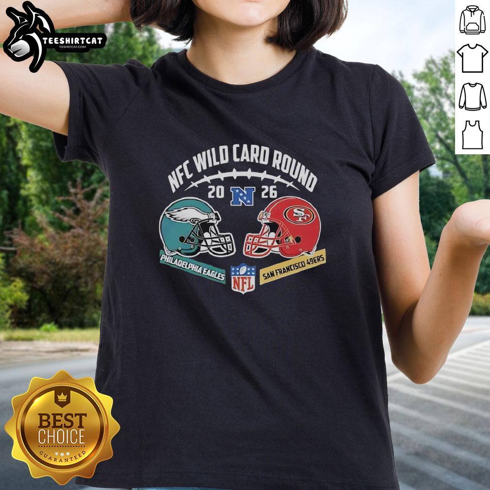 Official Philadelphia Eagles vs San Francisco 49ers 2026 NFC Wild Card Round Ladies Tee featuring team logos and stylish design.