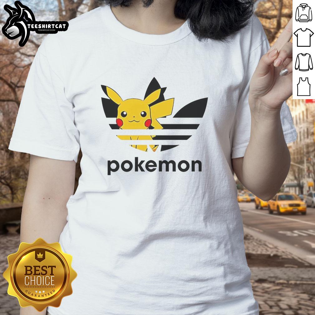 Official Pokemon Anniversary Pikachu Trefoil Parody Logo on a ladies tee, featuring vibrant colors and playful design.