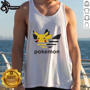Official Pokemon Anniversary Pikachu Trefoil Parody Logo Tank Top featuring vibrant colors and playful design.