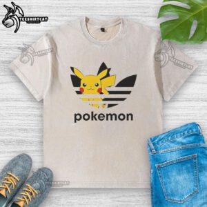 Official Pokemon Anniversary Pikachu Trefoil Parody Logo on a washed t-shirt, showcasing a unique playful design.