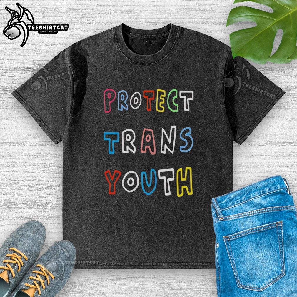 Official Renee Good Protect Trans Youth washed t-shirt featuring a bold graphic advocating for transgender youth rights.