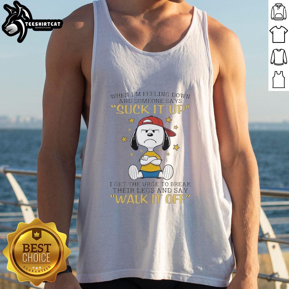 Official Snoopy tank top featuring 'When I'm feeling down...' quote, perfect for expressing humor and resilience.