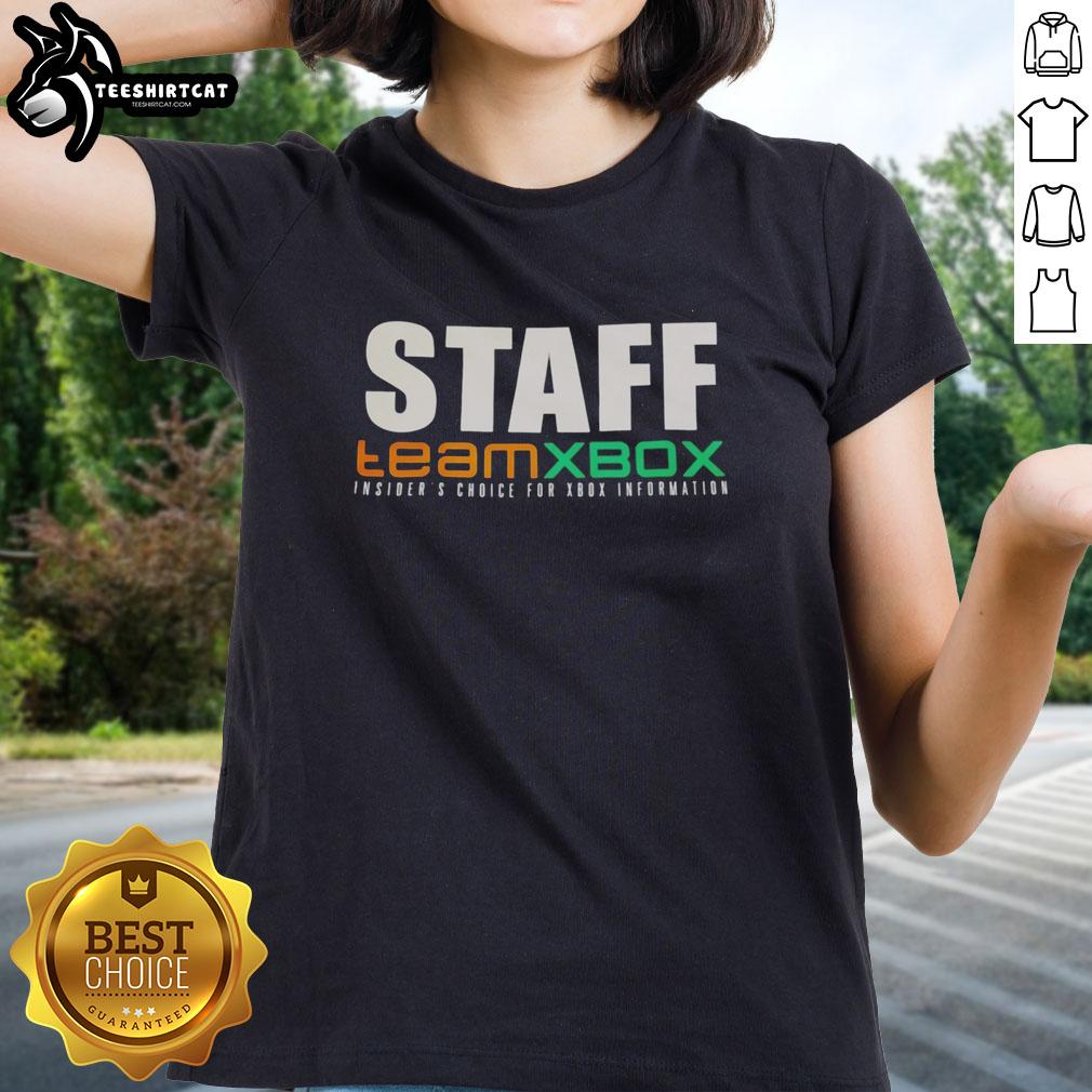 Official Xbox Insiders staff team wearing 'Choice for Xbox Information' ladies tee, showcasing Xbox community spirit.