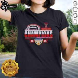 Alt Text: 2026 Capital One Orange Bowl Champions Texas Tech Red Raiders ladies tee in locker room display.