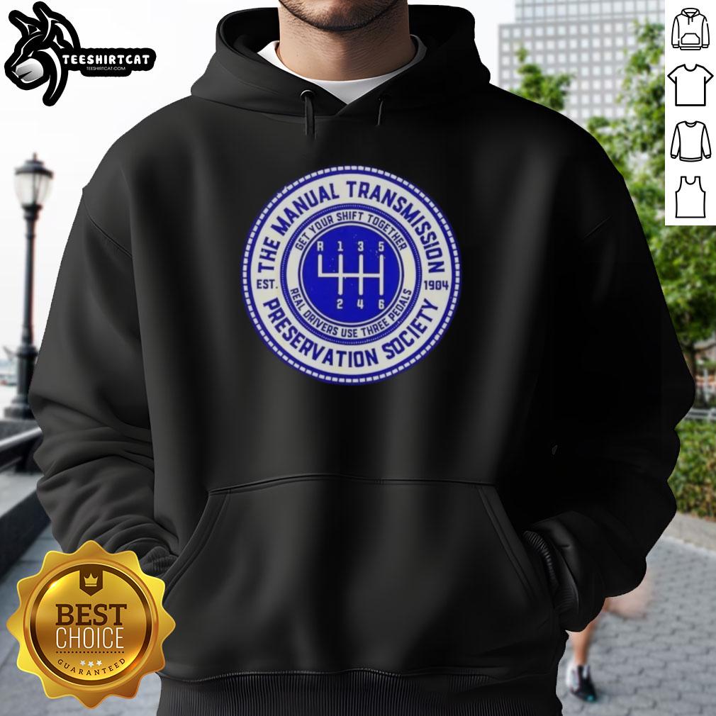 Vintage hoodie from the Official Manual Transmission Preservation Society, est. 1904, showcasing classic car culture.