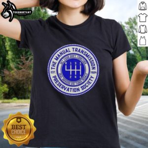 Vintage ladies tee from the Official Manual Transmission Preservation Society, est. 1904, showcasing classic automotive pride.