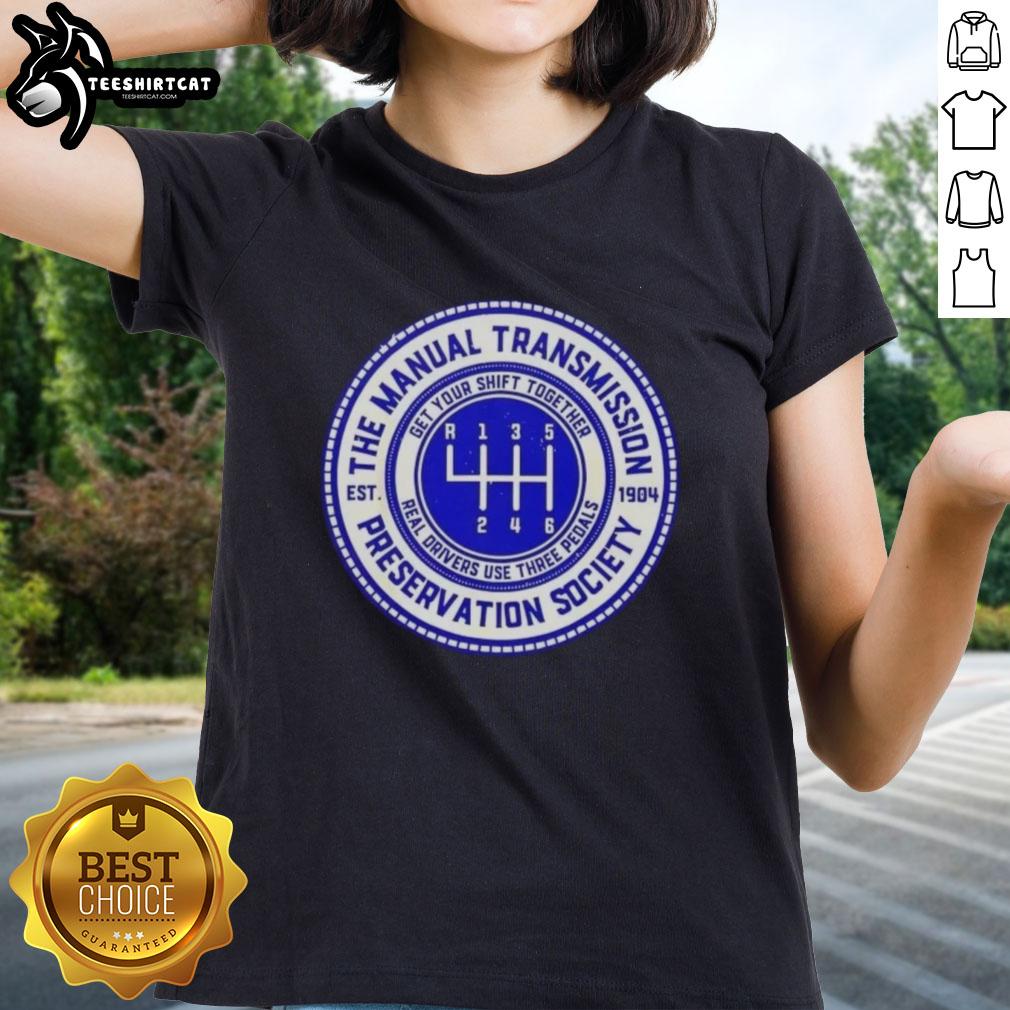 Vintage ladies tee from the Official Manual Transmission Preservation Society, est. 1904, showcasing classic automotive pride.