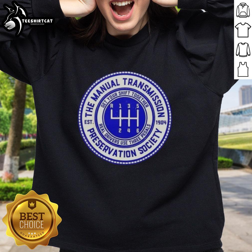 Vintage sweatshirt from the Official Manual Transmission Preservation Society, Est. 1904, showcasing classic car culture.