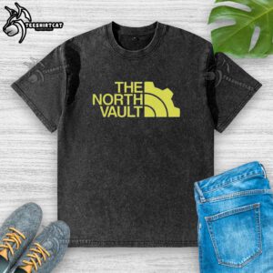 Alt Text: Parody design of The North Vault logo on a washed t-shirt, showcasing a trendy and casual style.