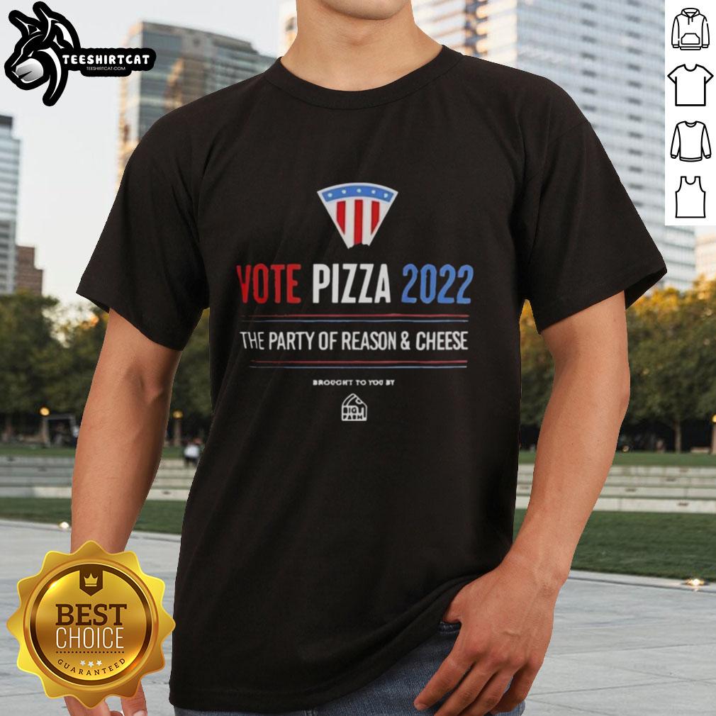 Alt Text: Official Vote Pizza 2022 T-Shirt featuring 'The Party Of Reason And Cheese' slogan in vibrant colors.