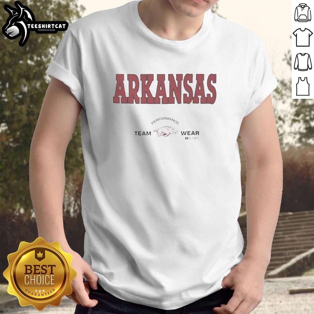 Alt Text: Original Arkansas Razorbacks Football Performance Team Wear Russell Athletic T-Shirt in red, showcasing team spirit.