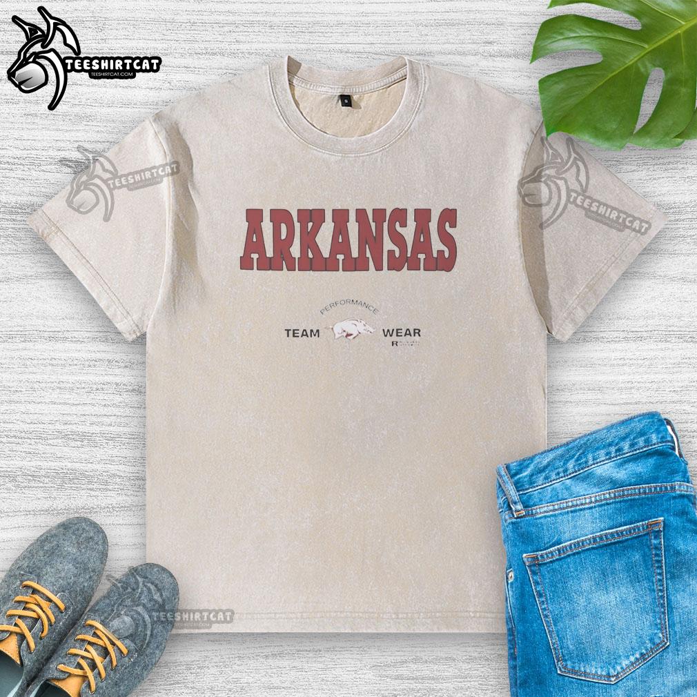 Original Arkansas Razorbacks football performance team wear Russell Athletic washed t-shirt in red with logo design.