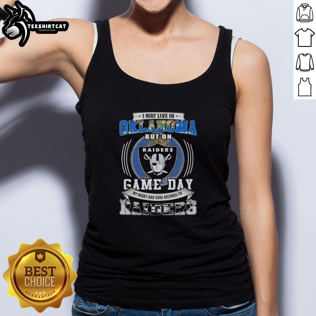 Stylish tank top featuring 'I May Live In Oklahoma But My Heart Belongs To Las Vegas Raiders' design.