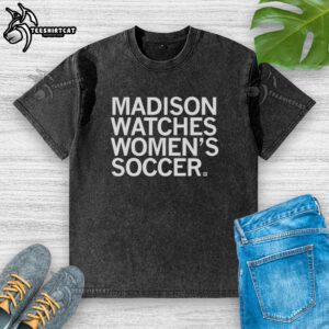 Alt Text: Original Madison Watches Women's Soccer Washed T-Shirt in soft cotton, featuring a stylish soccer graphic design.