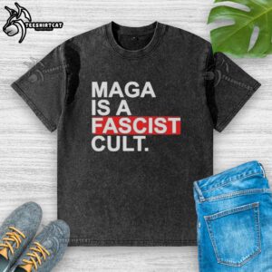 Original Maga Is A Fascist Cult Ice Washed T-Shirt featuring bold graphics and a trendy ice wash design for casual wear.