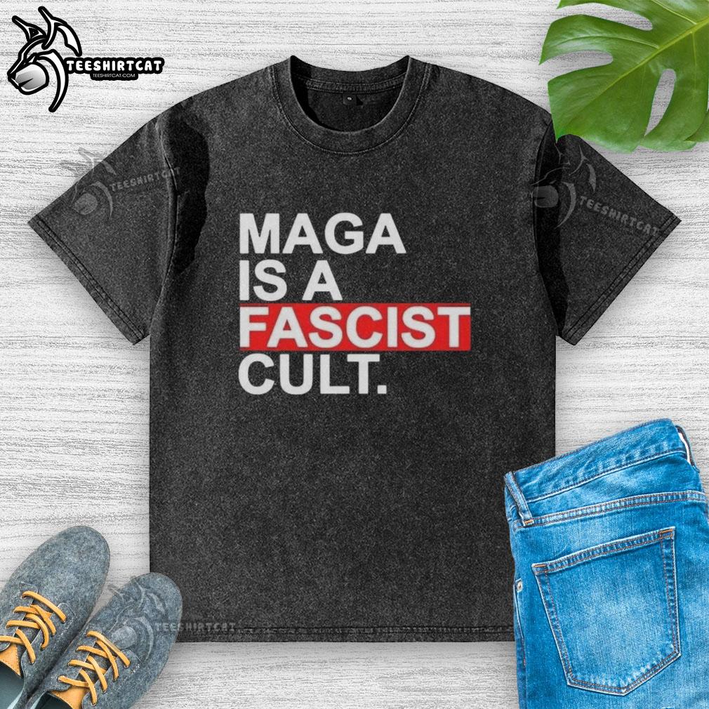 Original Maga Is A Fascist Cult Ice Washed T-Shirt featuring bold graphics and a trendy ice wash design for casual wear.
