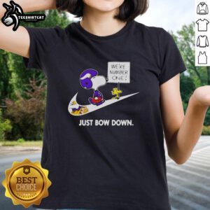 Original Minnesota Vikings Are Number One Just Bow Down Snoopy Ladies Tee featuring a stylish design for fans.