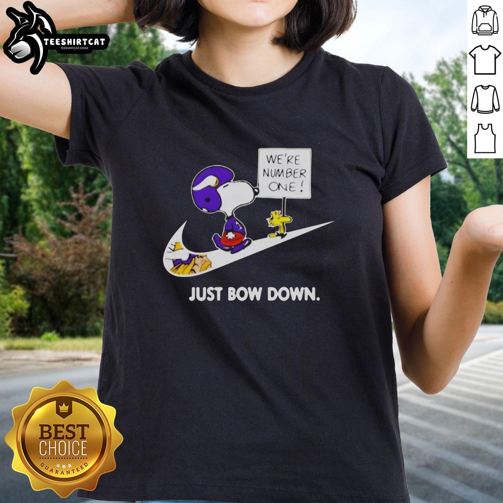 Original Minnesota Vikings Are Number One Just Bow Down Snoopy Ladies Tee featuring a stylish design for fans.