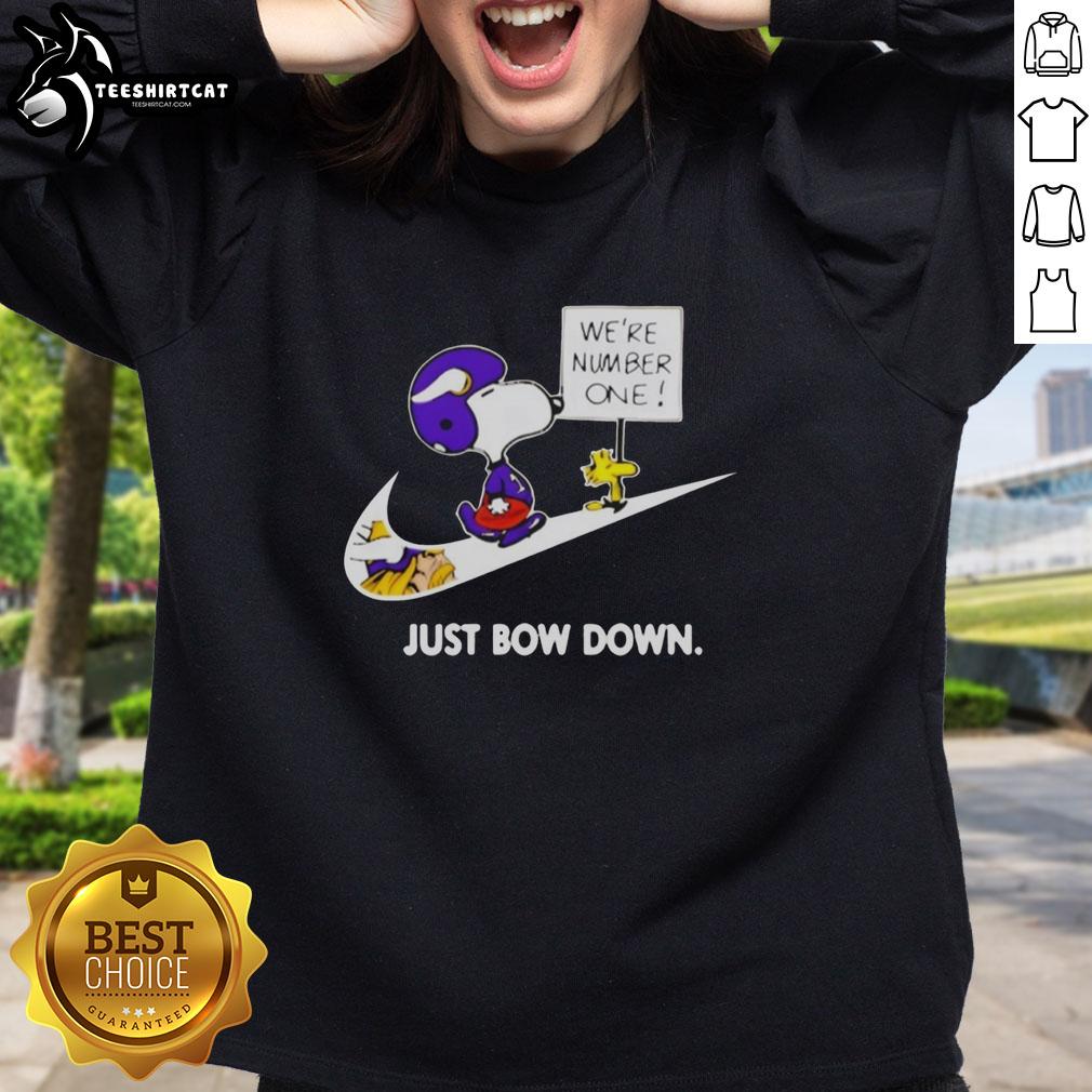 Alt Text: Original Minnesota Vikings Are Number One Just Bow Down Snoopy sweatshirt featuring vibrant graphics and cozy design.