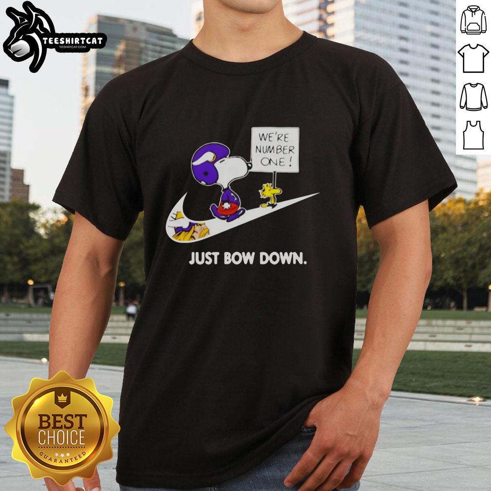 Original Minnesota Vikings Are Number One Just Bow Down Snoopy T-Shirt featuring Snoopy in Vikings gear, perfect for fans.