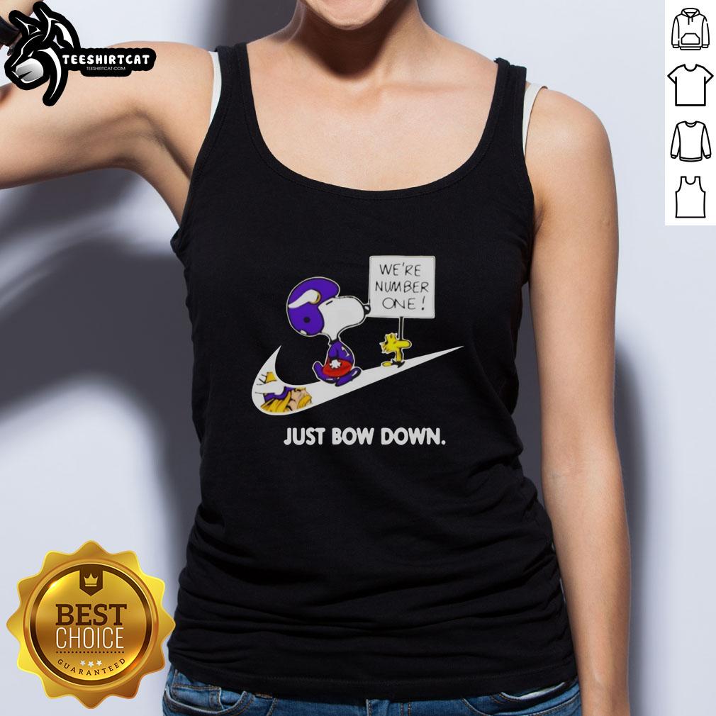 Original Minnesota Vikings Are Number One Just Bow Down Snoopy Tank Top featuring a playful Snoopy graphic.