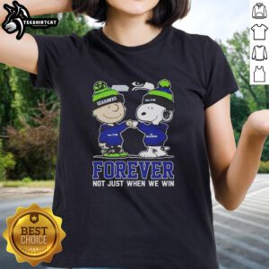 Original Peanut Snoopy and Charlie Brown Seattle Seahawks Forever tee for ladies, celebrating team spirit.