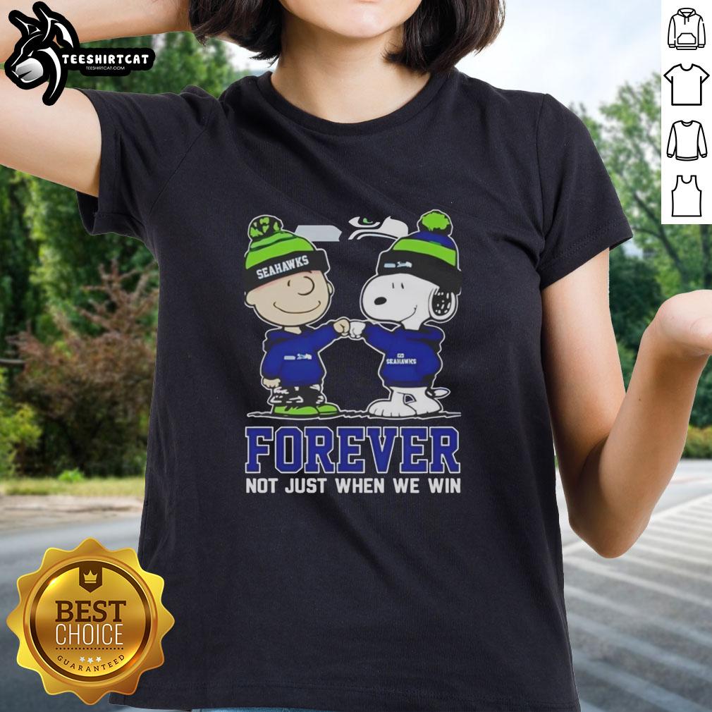 Original Peanut Snoopy and Charlie Brown Seattle Seahawks Forever tee for ladies, celebrating team spirit.