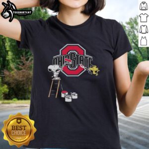 Alt Text: Original Snoopy and Woodstock painting on Ohio State Buckeyes ladies tee showcasing vibrant colors and playful design.