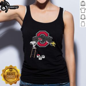Original Snoopy and Woodstock painting on an Ohio State Buckeyes tank top, showcasing vibrant colors and playful design.