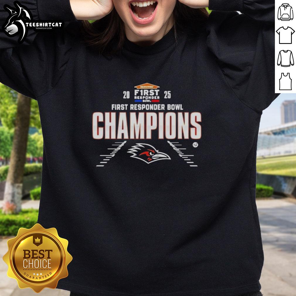 Alt Text: Original Utsa Roadrunners Football 2025 First Responder Bowl Champions sweatshirt in navy blue with team logo.