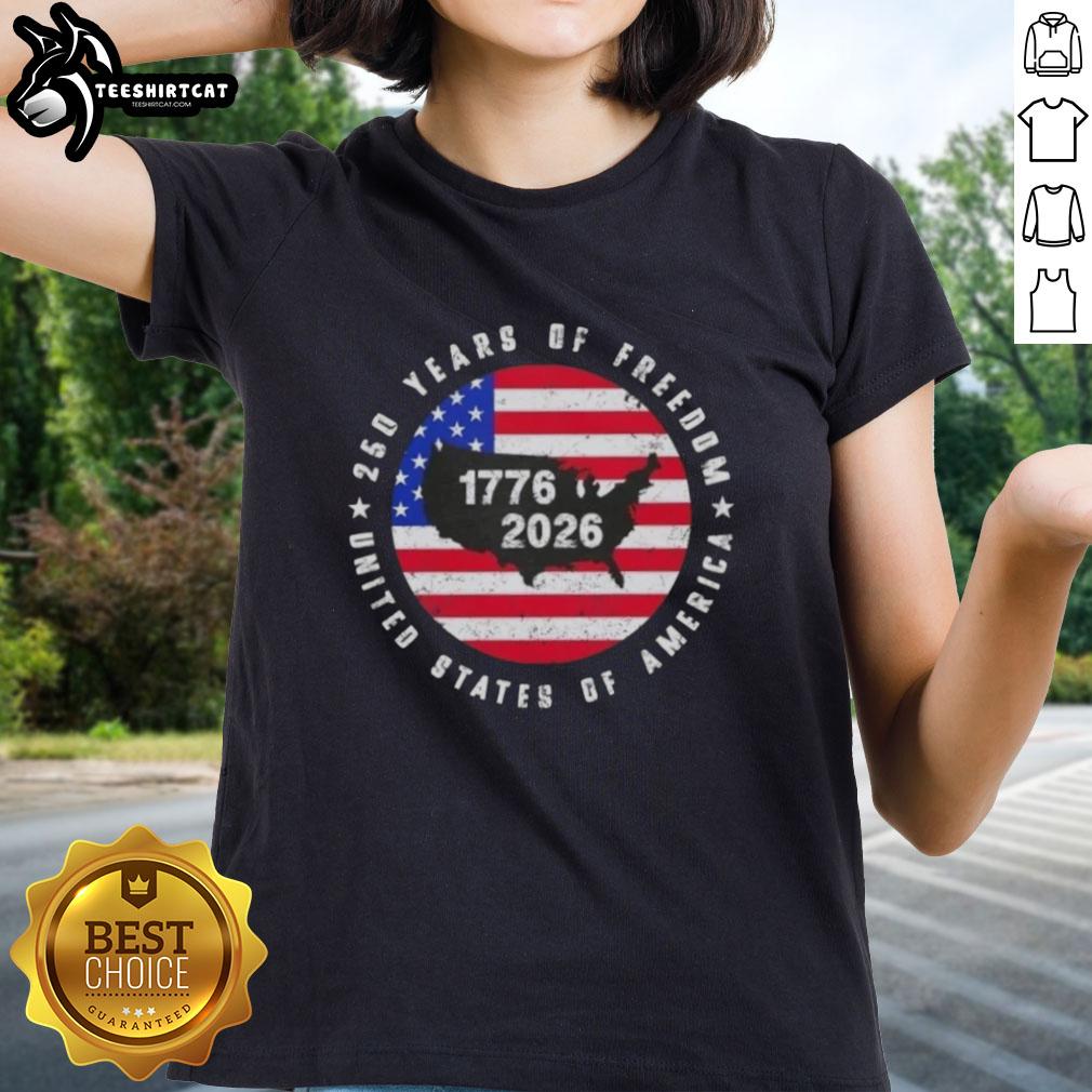 Premium American Freedom 250th Anniversary 1776-2026 US Map Ladies Tee showcasing patriotic design and celebration.