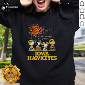 Alt Text: Premium Charlie Brown Sally Brown Snoopy Woodstock sweatshirt featuring Iowa Hawkeyes holiday design, perfect for winter.