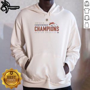 Premium Denver Broncos Super Bowl 50 Conference Champions hoodie in navy blue with team logo and championship details.