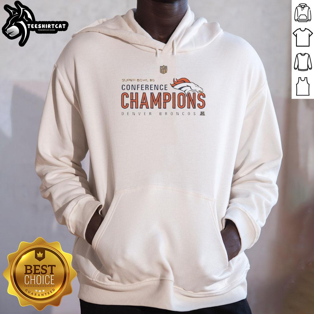 Premium Denver Broncos Super Bowl 50 Conference Champions hoodie in navy blue with team logo and championship details.