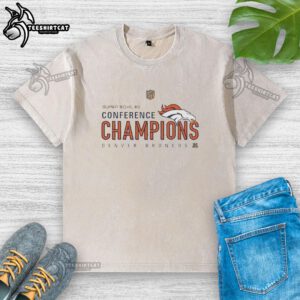 Alt Text: Premium Denver Broncos Super Bowl 50 Conference Champions washed t-shirt in navy blue with team logo and graphics.