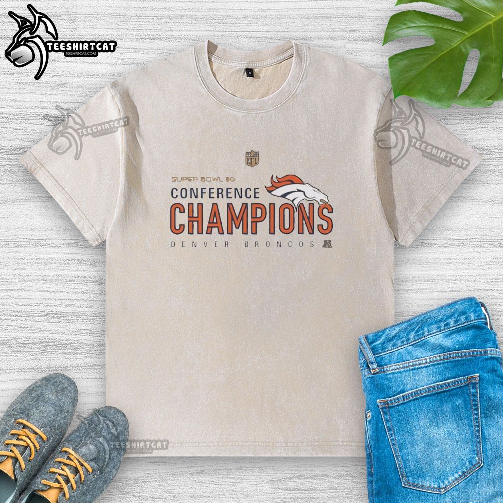 Alt Text: Premium Denver Broncos Super Bowl 50 Conference Champions washed t-shirt in navy blue with team logo and graphics.