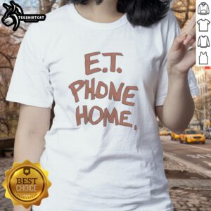 Premium ET Phone Home Ladies Tee featuring a stylish design and comfortable fit for fans of classic sci-fi movies.