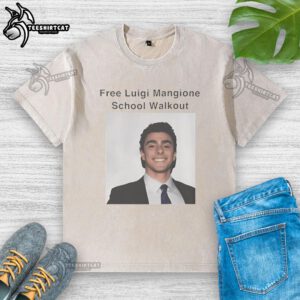 Premium Free Luigi Mangione School Walkout Protest Washed T-Shirt featuring vibrant graphics and activism message.