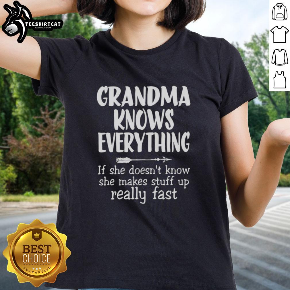 Premium Grandma Knows Everything tee for ladies featuring fun text design, perfect for proud grandchildren and family gatherings.
