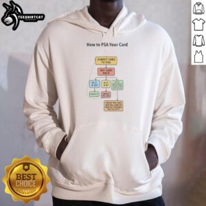 Premium hoodie featuring 'How to PSA Your Card' guide for submitting and retrieving cards from PSA.