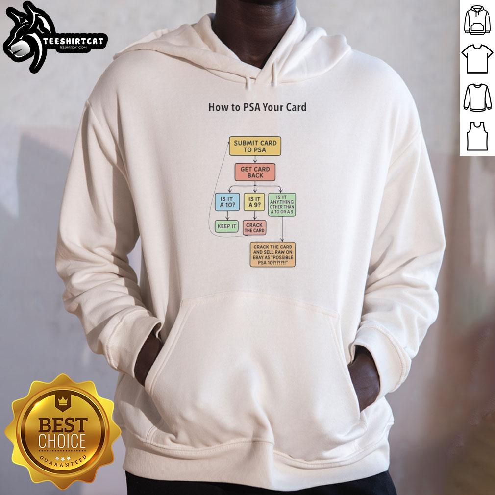 Premium hoodie featuring 'How to PSA Your Card' guide for submitting and retrieving cards from PSA.