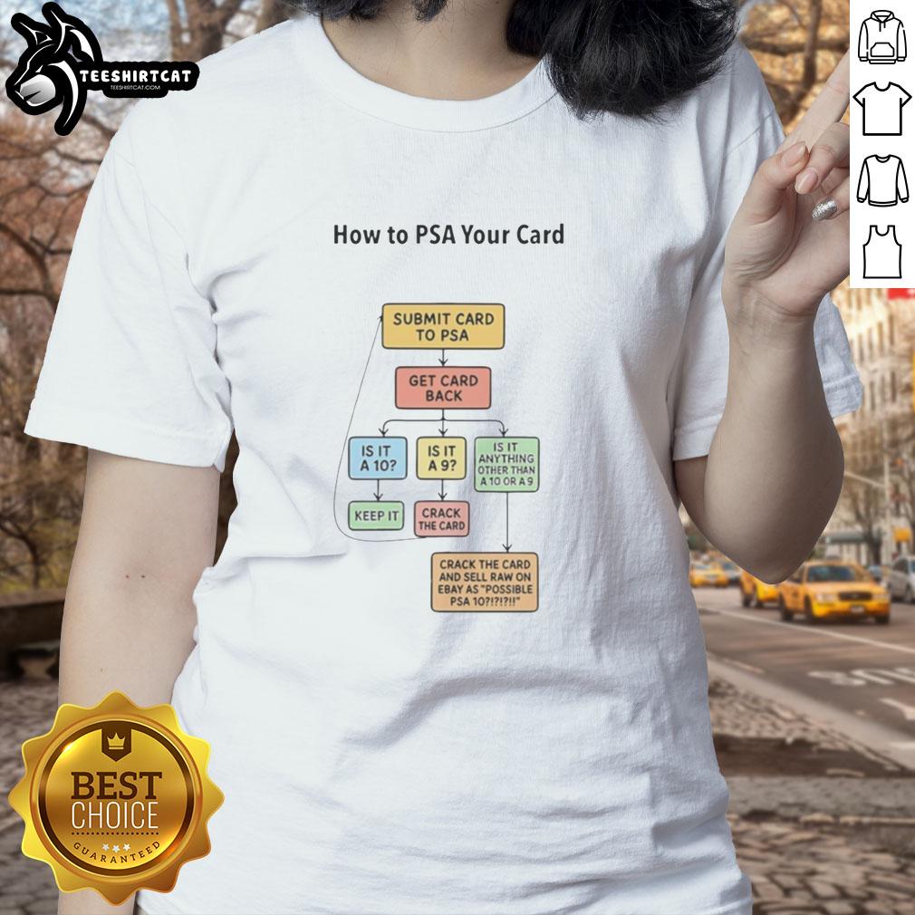 Step-by-step guide on how to submit your card to PSA for grading, featured on a ladies' tee.