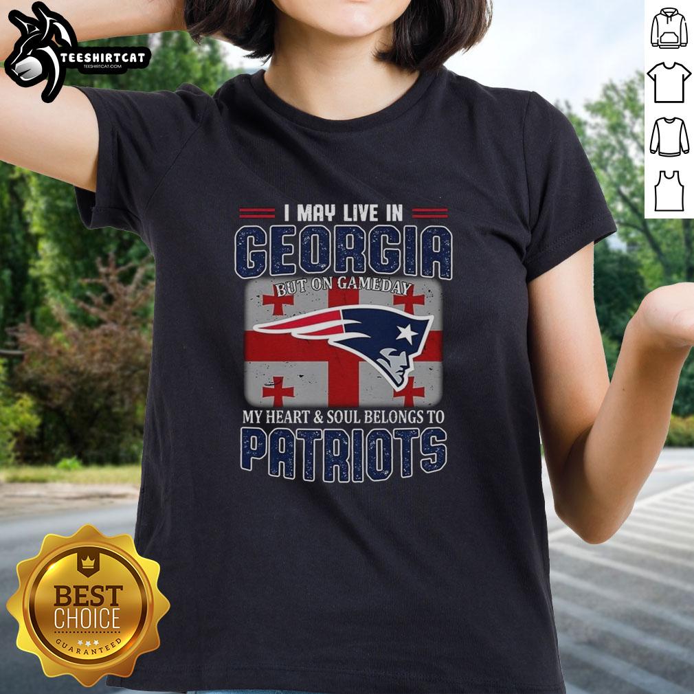 Premium ladies tee featuring 'I May Live In Georgia But My Heart Belongs To New England Patriots' design.