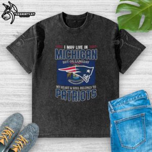 Alt Text: Premium washed t-shirt featuring New England Patriots flag, perfect for fans living in Michigan on game day.