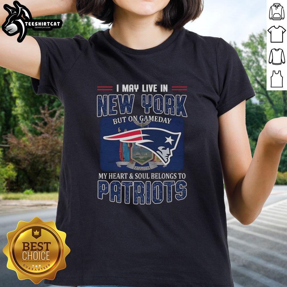 Alt Text: Premium New England Patriots flag ladies tee for game day, showcasing pride for the team even while in New York.