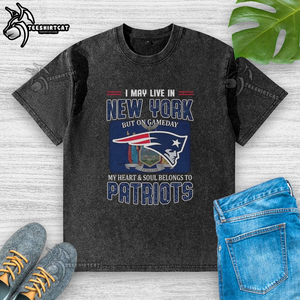 Alt Text: Premium washed t-shirt featuring My heart and soul belongs to New England Patriots flag design, perfect for game day.