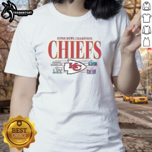 Alt Text: Vintage ladies tee featuring the Kansas City Chiefs NFL Super Bowl Champions logo and team championships design.