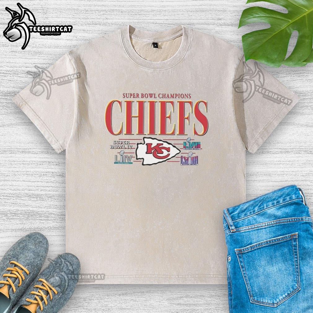 Alt Text: Vintage washed t-shirt featuring the Premium Kansas City Chiefs NFL Super Bowl Champions logo and championships design.