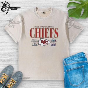 Alt Text: Premium Kansas City Chiefs Super Bowl Champions IV LIIV LVII LVIII Washed T-Shirt in red, showcasing team pride.