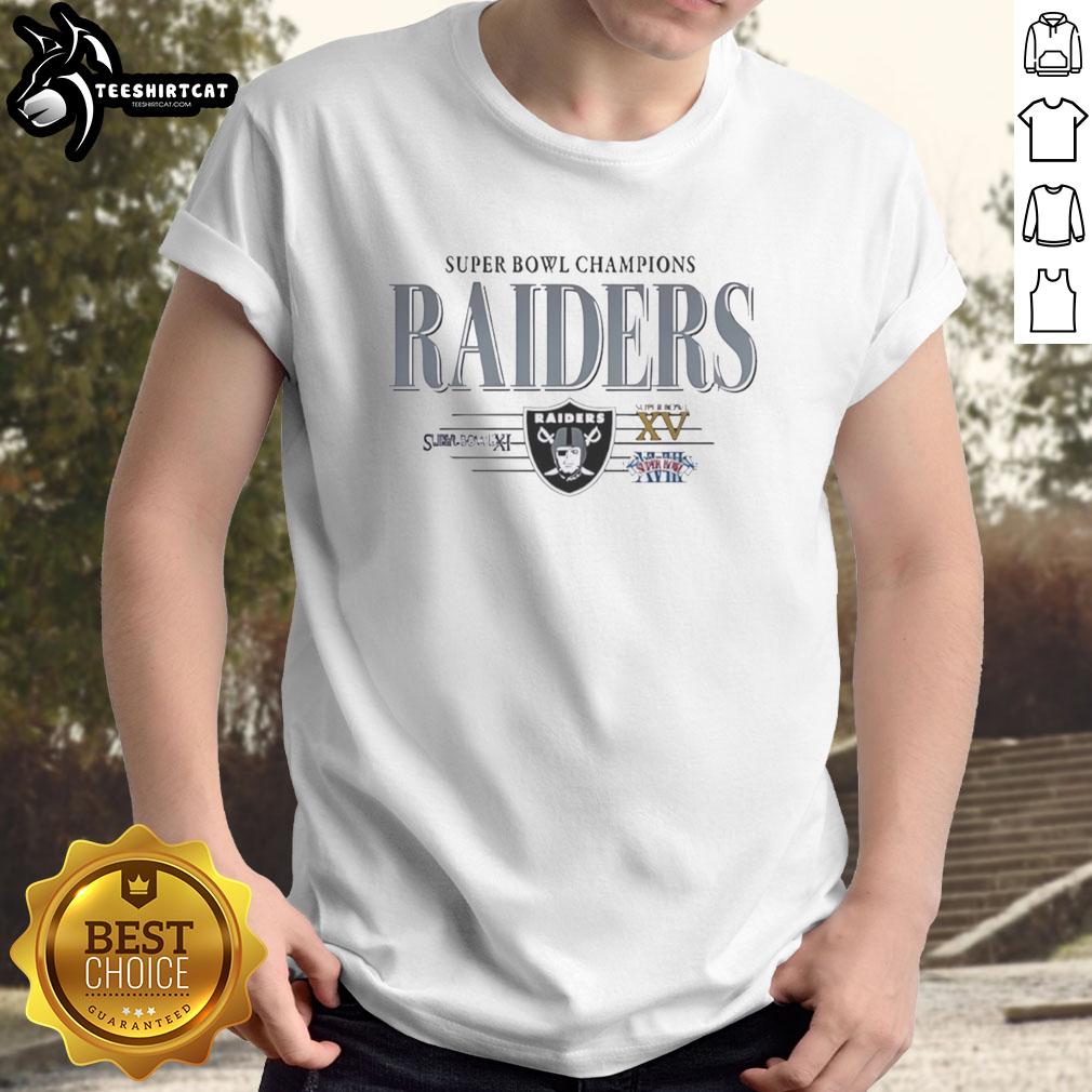 Alt Text: Premium Las Vegas Raiders Super Bowl Champions XI XV XVIII T-Shirt featuring team logo and commemorative design.